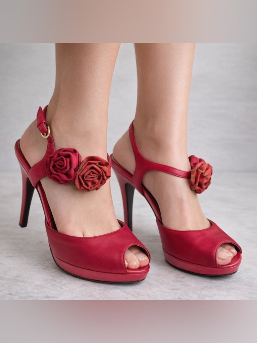 Coach Addysen Red Leather & Silk Rosette Heeled Peep Toe Shoes, Size 9.5B (Med)